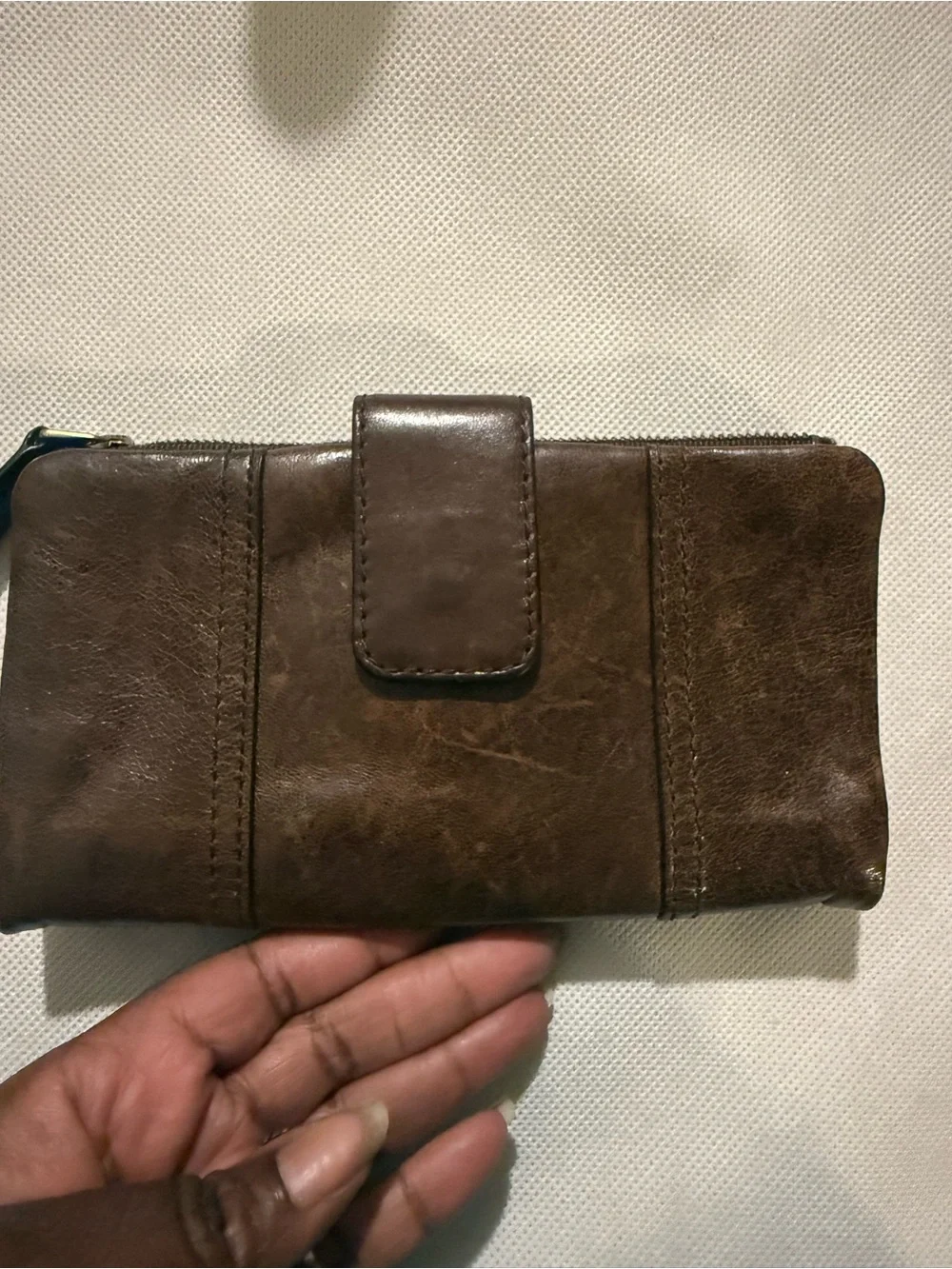 Fossil Brown Leather Zip Card Holder with Gold Plaque